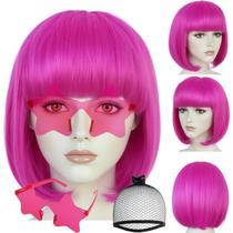 Boné de cabelo ANOGOL + (óculos de sol) Peruca Bob rosa vermelha com franja Perucas femininas vermelhas de festa com óculos de sol em forma de estrela, roupa curta de néon, perucas divertidas para mulheres, fantasia de Halloween, peruca de boate