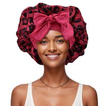 Boné de dormir de cetim com estampa de leopardo para mulheres com laço vermelho Boné de dormir de cetim com estampa de leopardo para mulheres com laço vermelho