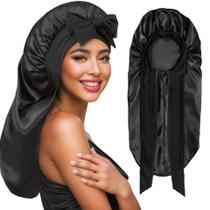 Boné de dormir de cetim preto com design de laço para todos os tipos de cabelo