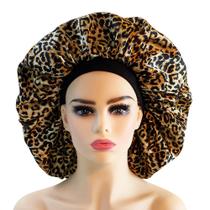 Boné de dormir em cetim com estampa de leopardo com elástico largo Boné de dormir em cetim com estampa de leopardo com elástico largo