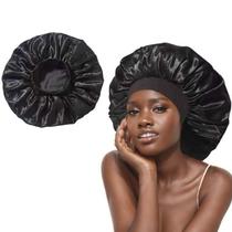 Boné de dormir em cetim preto para mulheres com elástico largo