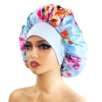 Boné de dormir floral acetinado com faixa larga para proteção de cabelo azul Boné de dormir floral acetinado com faixa larga para proteção de cabelo azul