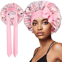 Boné de dormir floral de cetim com laço rosa para proteção de cabelo