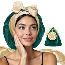 Boné de seda real para mulheres que dormem com cabelos encaracolados, lisos e finos Touca de cabelo para dormir Alternativa premium ao gorro de cetim de dupla camada Envoltório de cabelo de seda para dormir com gravata Wonder Loop Verde