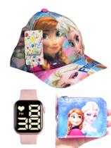 Boné e carteira Frozen mas relógio digital a prova d agua smart feminina infantil , kit 2 em 1.