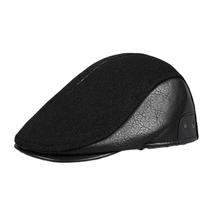 Boné Flat Gatsby Newsboy, chapéu de couro e lã para homens, preto