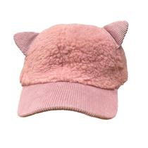 Boné Infantil Bege Aba Pelo Camurça Veludo com Orelhinhas de Gato Rosa Ajustável, Quentinho e Fashion