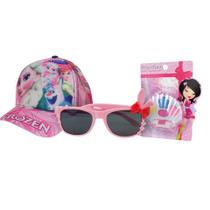 Boné Infantil Feminino Kok Frozen + Estojo de Sombras + Óculos de Sol Rosa