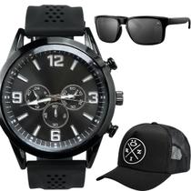 Boné + oculos sol proteção uv + relogio masculino aço inox silicone ajustável original presente analogico casual preto