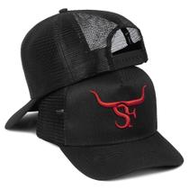 Boné Preto Masculino Trucker Telinha Respirável Country Chifre Bordado Simprão Original
