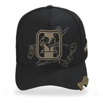 Boné Trucker Agro Rural Detalhes Cavalo Dourado com Abridor Cerveja