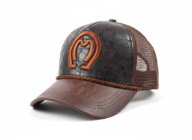 Boné Trucker Country em material sintético Marrom Envelhecido com Bordado de Ferradura e Tela
