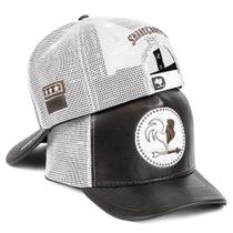 Boné Trucker Sharecropper Original Rural Style Country Em Couro Aba Curva Forrado Tela Ajustável