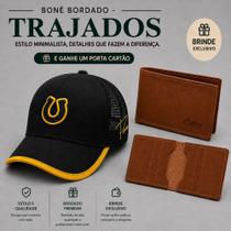 Bone trucker tela trajados aba curva brinde porta cartão