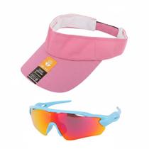 Boné Viseira Esportivo Dry Fit Ajustavel Rosa Com Oculos Esportivo Proteção UV Resistente