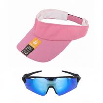 Boné Viseira Esportivo Dry Fit Ajustavel Rosa Com Oculos Esportivo Proteção UV Resistente