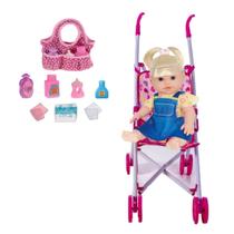 Boneca Andressa Bebê Faz Xixi Com Mamadeira Carrinho Bolsa