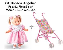 Boneca Angelina Fala 62 Frases Tipo Reborn mais carrinho de passeio para boneca dobrável kit