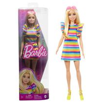 Boneca Articulada Barbie Fashionistas 197 Vestido Listrado Colorido Loira Com Aparelho Dental - Mattel - HPF73