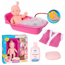 Boneca Banho Banheira Faz Espuma Infantil Com Roupão Rosa Sabonete Shampoo
