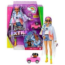 Boneca Barbie com cachorro de estimação e roupa de franjas, tranças arco-íris, roupas em camadas e acessórios