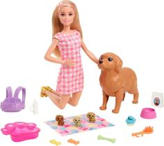 Boneca Barbie e animais de estimação, filhotes recém-nascidos com boneca loira e acessórios
