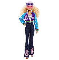 Boneca Barbie Elton John (30cm, Cabelo Loiro Cacheado), Jaqueta e Jeans Flare. Suporte e certificado