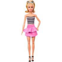 Boneca Barbie Fashionista 213 Loira Blusa Listrada com Saia Rosa HRH11 - Mattel (41180)