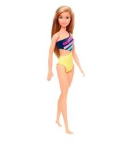 Boneca Barbie Loira Praia Maio Listrado Azul Amarelo - Mattel