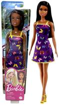 Boneca Barbie Menina Morena Negra Fashion - Vestido Roxo Borboletas - Mattel Brinquedos