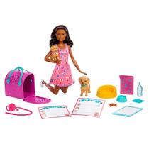 Boneca Barbie Negra Family Adota um Cachorrinho Pet Com Acessórios Cabelo Preto Mattel - HKD87