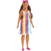 Boneca Barbie Praia Ecológica Morena Vestido Listrado Mattel