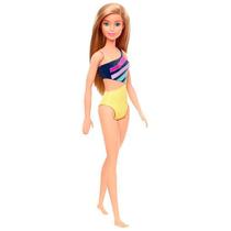 Boneca Barbie Praia Loira Maiô Listrado Com Amarelo - Mattel