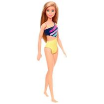 Boneca Barbie Praia Loira Maiô Listrado Com Amarelo