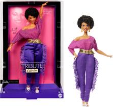 Boneca Barbie Signature, Coleção Tributo Debbie Allen, Boneca Articulada com Blusa Ombro a Ombro, Cinto Dourado e Calça Roxa com Franjas e Polainas