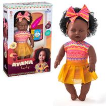 Boneca Bebe Ayana Baby Morena Corpo de pano Chupeta e Mamadeira