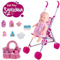 Boneca Bebê Bebezão Sapekinha Faz Xixi + Carrinho e Bolsa