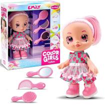 Boneca Bebê Cabelo Rosa Color Girls + Escova Pente e Espelho