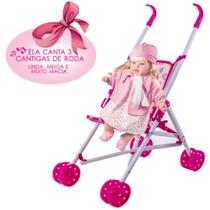 Boneca Bebê Classic Rose Canta 3 Cantigas + Carrinho Rosa