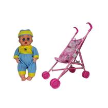 Boneca bebe com carrinho de passeio dobravel infantil reborn brinquedo