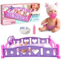 Boneca Bebê com Fralda Mama Tetê e Berço Balanço Brinquedo