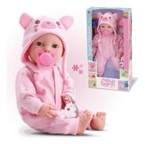 Boneca Bebê de Pijama Rosa New Reborn com Acessórios Brinquedo Menina Divertoys Dia das Crianças