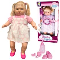 Boneca bebe Fala Frases Bebezão Com Cabelo e Som Meninas Com Chupeta E Mamadeira Sonho Azul Cotiplás