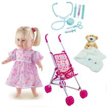 Boneca Bebê Loira 38cm C/ Acessórios Médico Nana + Carrinho Boneca Bebê Loira 38cm C/ Acessórios Médico Nana + Carrinho