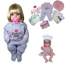 Boneca Bebê Mamãe Reborn Silicone Bolsa + 28 Itens Lilás