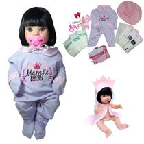 Boneca Bebê Mamãe Reborn Silicone Bolsa + 28 Itens Lilás