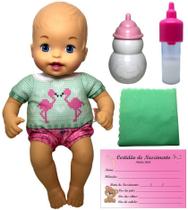Boneca Bebê Menina Baby Little Mommy Recém Nascida - Roupa Verde E Rosa Flamingos - Com Acessórios - Mattel