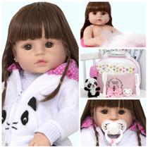Boneca Bebê Menina Panda Reborn Silicone Pode Banho 19 Itens