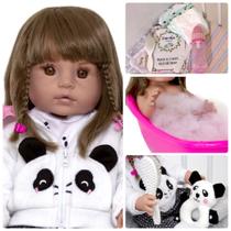 Boneca Bebê Menina Panda Reborn Silicone Pode Banho 19 Itens