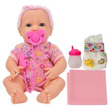 Boneca Bebê New Born Faz Xixi Divertoys 34cm Toda em Vinil Realista Original com Acessórios Mamadeira Fralda e Mantinha Presente Menina Criança